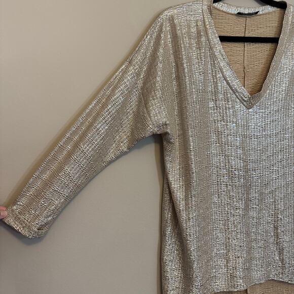 Vie Ta Vie Paris Blouse Womens XL Tan Metallic Plisse Funky Disco Evening Party - Picture 4 of 8